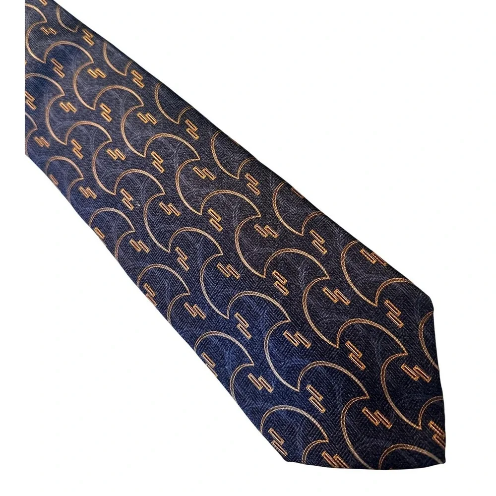 Bill Blass Black Label Mens Silk Tie‎ Navy Gold Scallop Art Deco Geometric